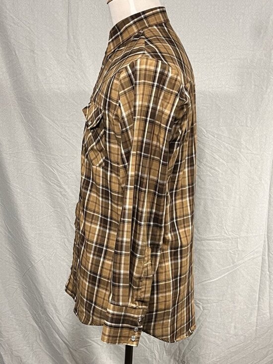 Ely Cattleman Pearl Snap Shirt Mens Medium Tan Brown Plaid Western Long Sleeve - Picture 5 of 9